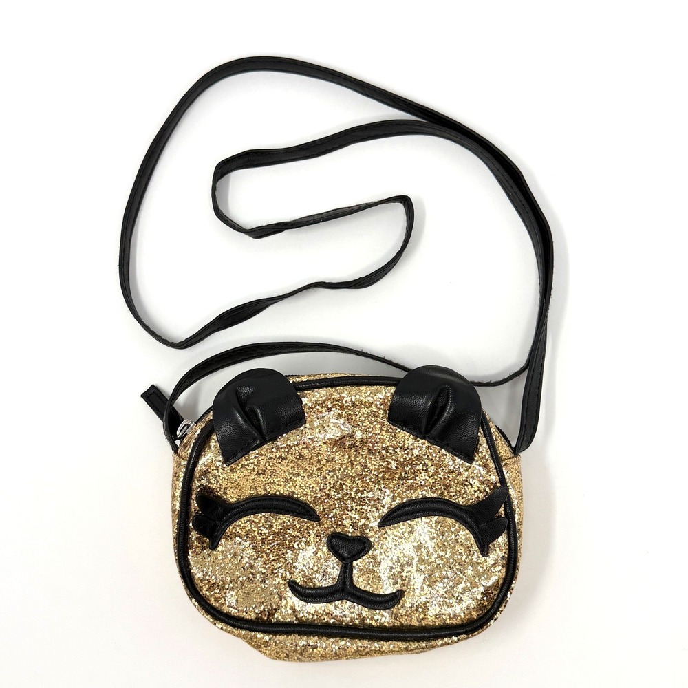 Cat &‎ Jack Cat Face Crossbody Purse Gold Glitter Black Small